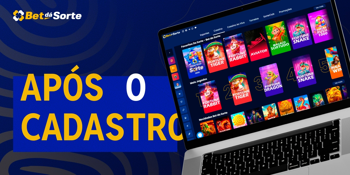 Laptop aberto exibindo vários jogos coloridos na tela e texto Após o Cadastro BetDaSorte