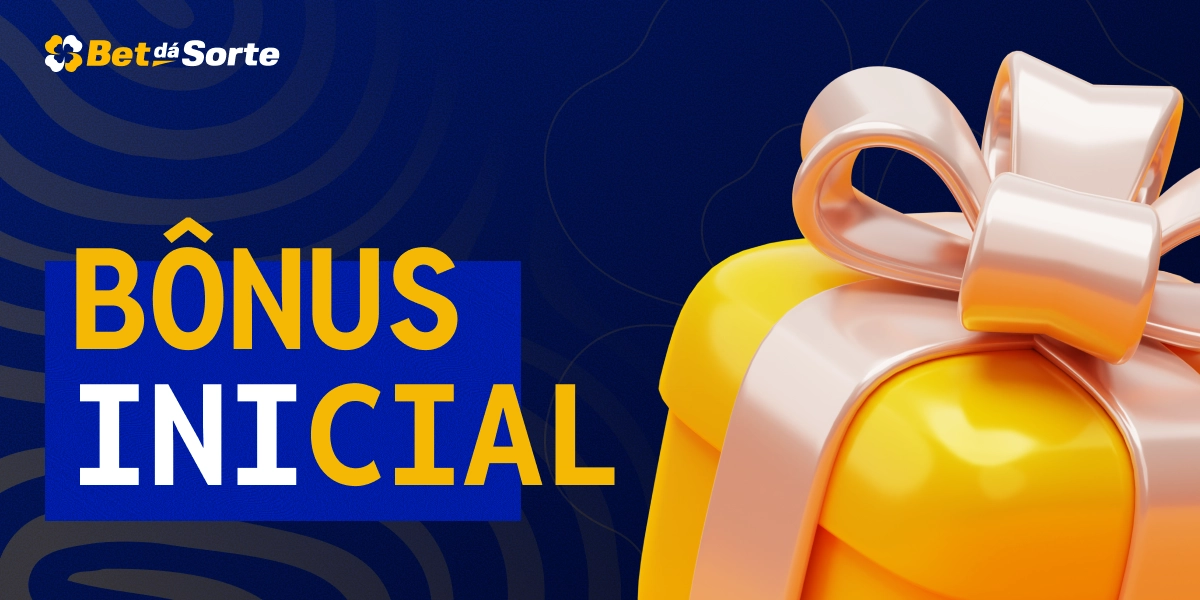 Caixa de presente dourada com laço rosa e texto Bônus Inicial em fundo azul BetDaSorte