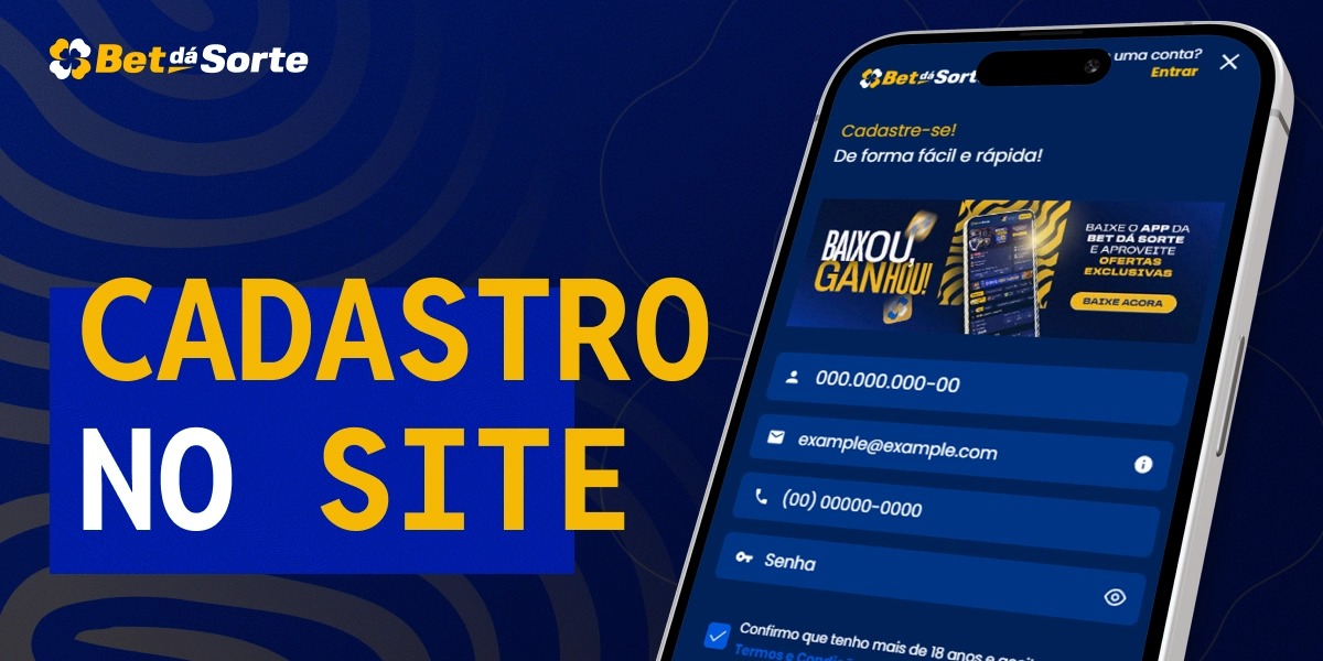Smartphone exibindo formulário de cadastro com campos visíveis e texto Cadastro no Site BetDaSorte