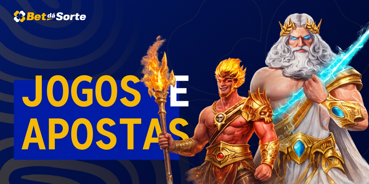 Dois personagens estilizados de fantasia lado a lado com armas, texto Jogos e Apostas em destaque BetDaSorte