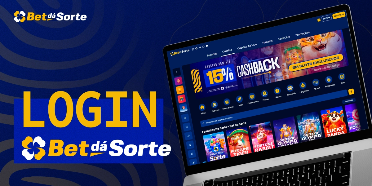 Laptop aberto mostrando a plataforma BetDaSorte com destaque para o texto Login em fundo azul