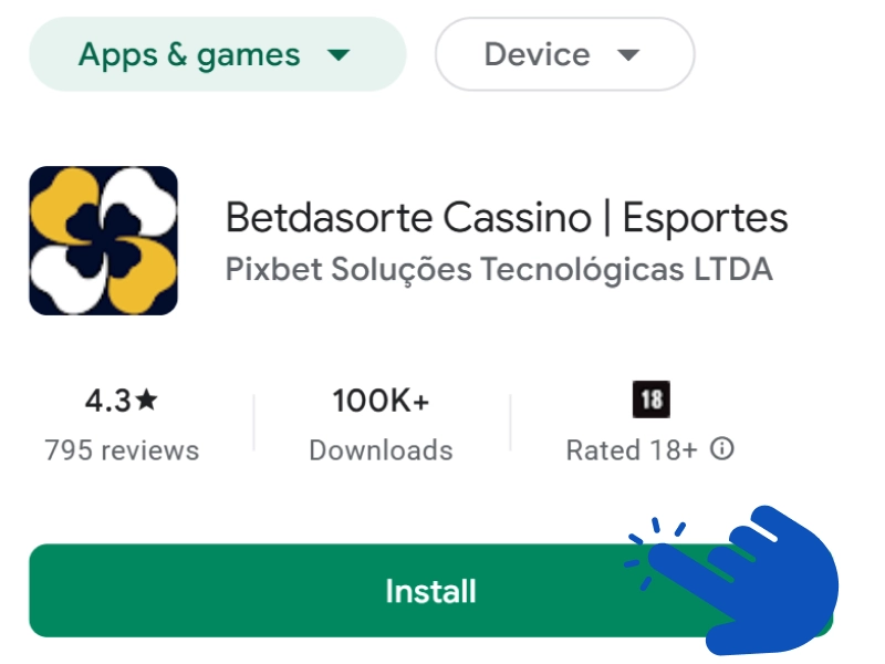 Página do aplicativo BetDaSorte na Google Play com botão “Instalar”