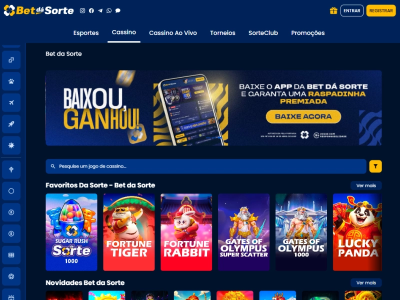 Página inicial do site BetDaSorte com destaque para promoções e jogos disponíveis