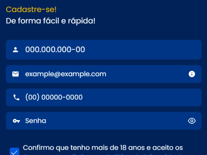 Formulário de cadastro BetDaSorte com campos de CPF, e-mail e telefone
