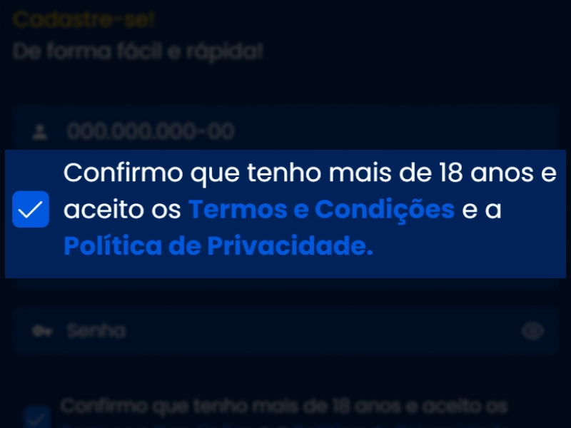 Marcação de confirmação de maioridade e aceite dos Termos e Condições
