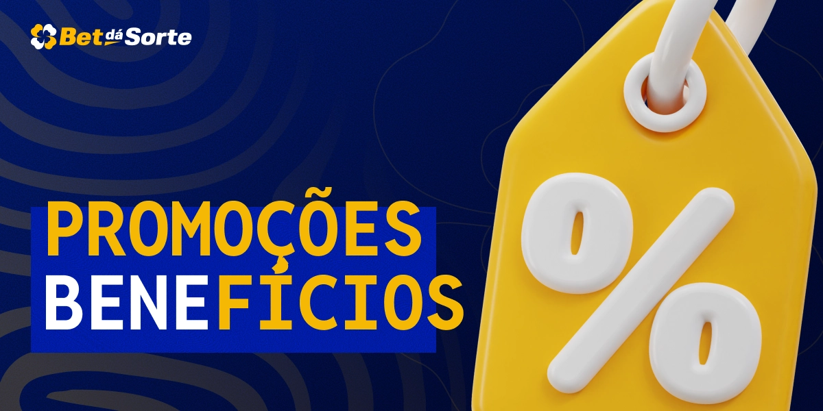 Etiqueta dourada com símbolo de porcentagem e texto Promoções Benefícios BetDaSorte