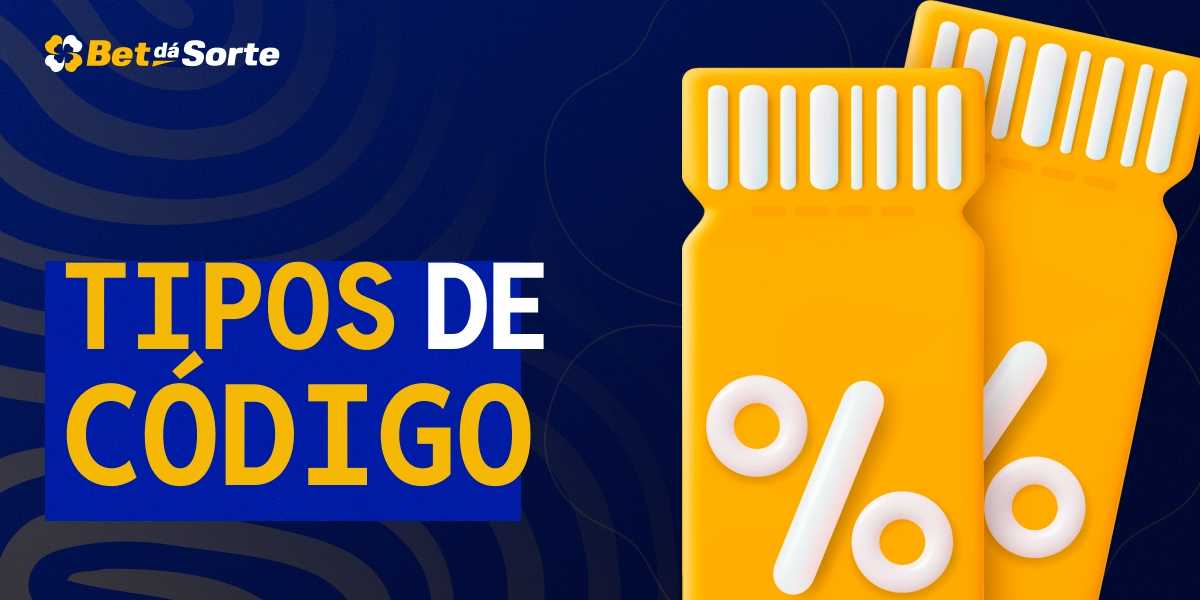 Dois ingressos dourados com símbolo de porcentagem e texto Tipos de Código BetDaSorte