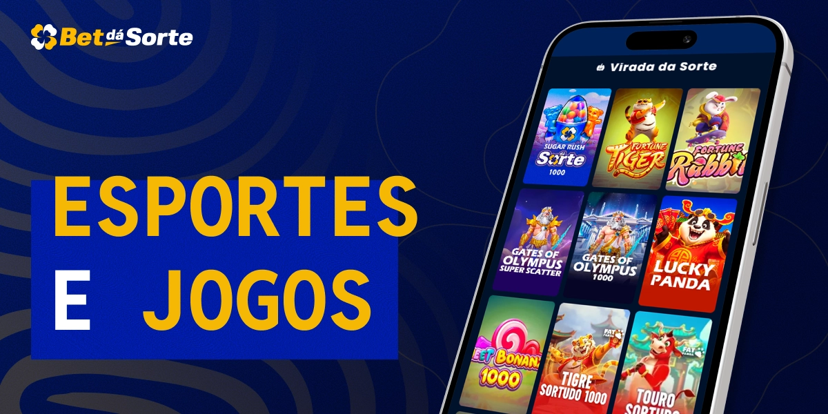 Smartphone inclinado exibindo vários jogos coloridos na tela com texto Esportes e Jogos BetDaSorte