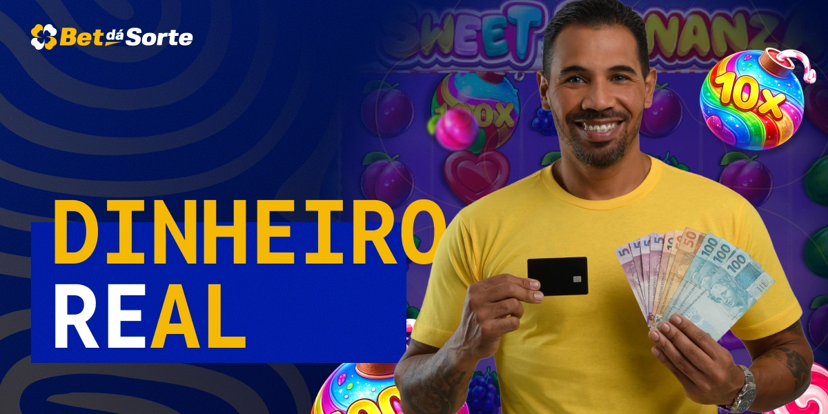 Homem segurando cartão e dinheiro com fundo Sweet Bonanza e texto Dinheiro Real