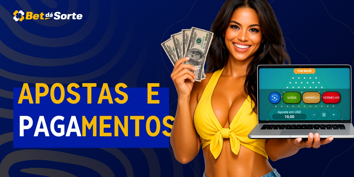 Mulher segurando dinheiro e notebook com Plinko e texto Apostas e Pagamentos