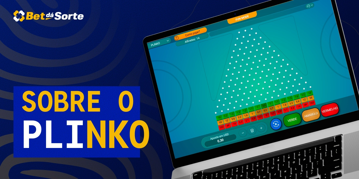 Notebook com jogo Plinko aberto e texto Sobre o Plinko em destaque na tela BetDaSorte