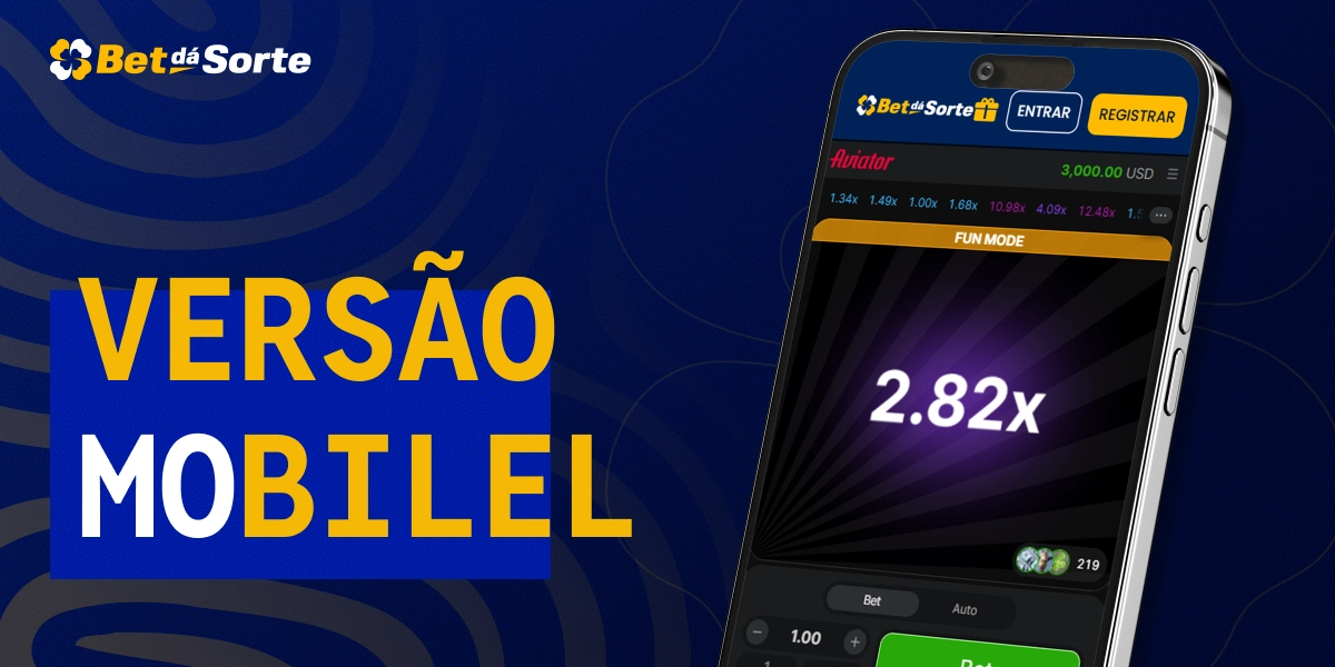 Smartphone mostrando Aviator com multiplicador 2.82x e texto Versão Mobile