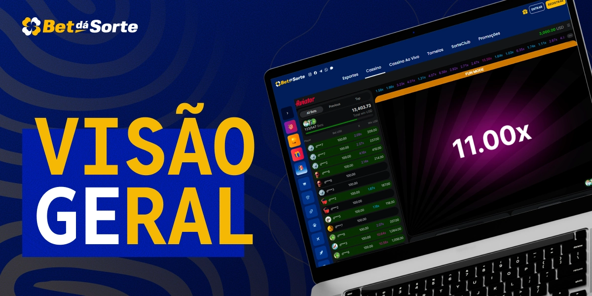 Notebook exibindo jogo Aviator com multiplicador 11.00x e texto Visão Geral