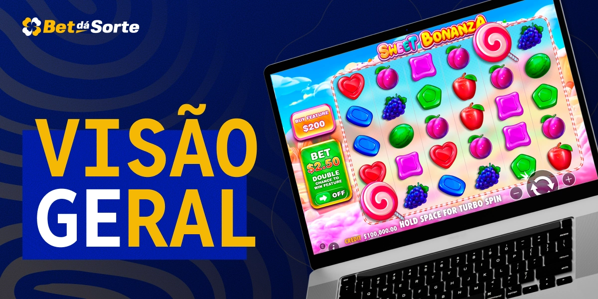 Notebook mostrando slot Sweet Bonanza e texto Visão Geral na BetDaSorte